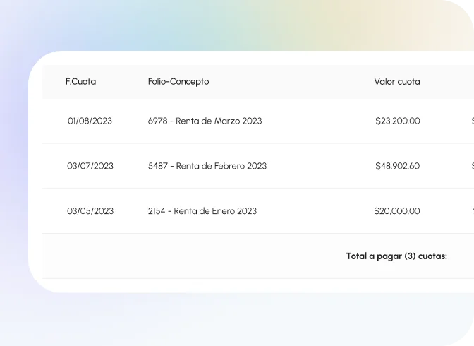Tabla detallada de cuotas por pagar. La tabla tiene las columnas 'F. Cuota', 'Folio - Concepto' y 'Valor cuota'. La primera fila muestra una cuota con fecha '01/08/2023', folio '6978' y concepto 'Renta de Marzo 2023', con un 'Valor cuota' de $23,200.00. La segunda fila muestra una cuota con fecha '03/07/2023', folio '5487' y concepto 'Renta de Febrero 2023', con un 'Valor cuota' de $48,902.60. La tercera fila muestra una cuota con fecha '03/06/2023', folio '2154' y concepto 'Renta de Enero 2023', con un 'Valor cuota' de $20,000.00. Al final de la tabla se muestra el 'Total a pagar (3 cuotas)'.
