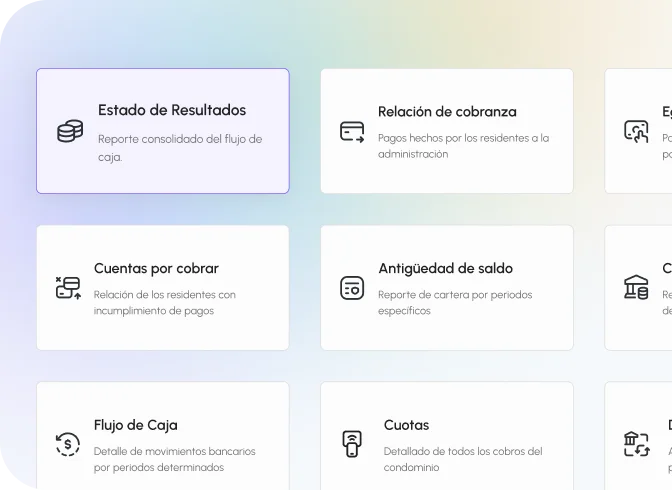 Sección de 'Financieros' mostrando nueve opciones de reportes: 'Estado de Resultados' (reporte consolidado del flujo de caja, actualmente seleccionado), 'Relación de cobranza' (pagos hechos por los residentes a la administración), 'Egresos' (pagos hechos por la administración para cubrir gastos y proveedores), 'Cuentas por cobrar' (relación de los residentes con incumplimiento de pagos), 'Antigüedad de saldo' (reporte de cartera por periodos específicos), 'Cuenta bancaria' (relación de movimientos bancarios detallados), 'Flujo de Caja' (detalle de movimientos bancarios por periodos determinados), 'Cuotas' (detallado de todos los cobros del condominio), y 'Depósitos de Neivor' (aquí podrás visualizar todos los pagos realizados por fecha).