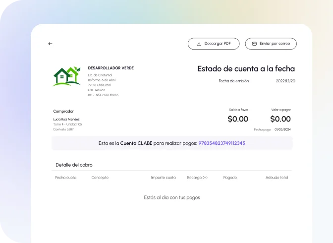 Estado de cuenta con información detallada de la unidad y las cuotas