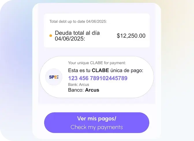 Resumen de deuda con monto total de $12,250.00 al día {fecha}. Se muestra una CLABE única de pago: 123 456 789102445789, del banco Arcus. Incluye logotipo de SPEI y un botón morado con el texto 'Ver mis pagos / Check my payments'.