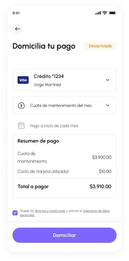 Resumen de pago por tarjeta de credito en app de Neivor