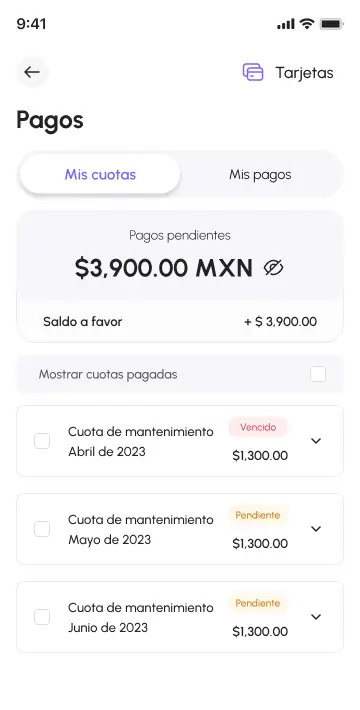 App Neivor muestra $3,900 MXN pendientes y tres cuotas por pagar de $1,300 cada una.