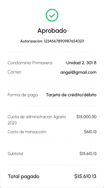 Resumen de detalle de pago aprobado en app de Neivor