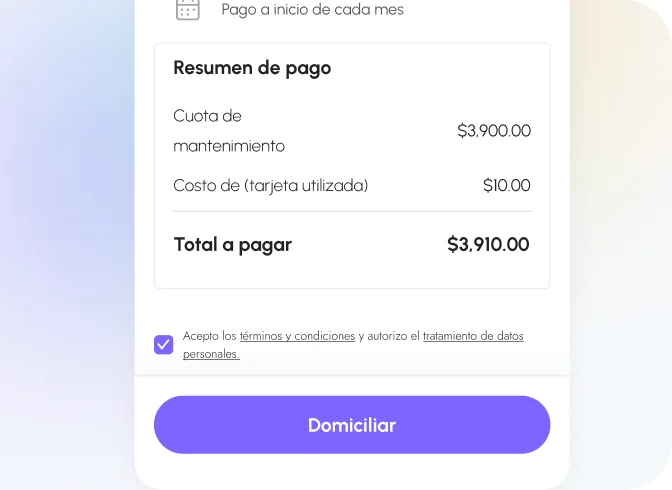 Resumen de pago en app de Neivor y boton para Domiciliar el pago