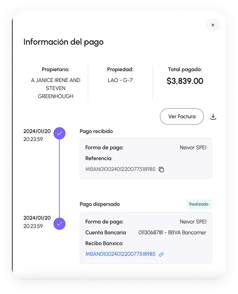 Detalle de pago realizado con trazabiidad depago recibido y pago dispersado con boton de ver factura y boton de descargar factura