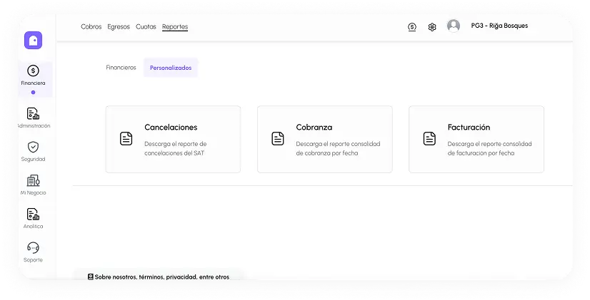 Panel de 'Reportes Personalizados' dentro de la sección 'Financieros'. Se presentan tres opciones de descarga de reportes: 'Cancelaciones' (Descarga el reporte de cancelaciones del SAT), 'Cobranza' (Descarga el reporte consolidado de cobranza por fecha), y 'Facturación' (Descarga el reporte consolidado de facturación por fecha). Cada opción incluye un icono de documento con una flecha hacia abajo.