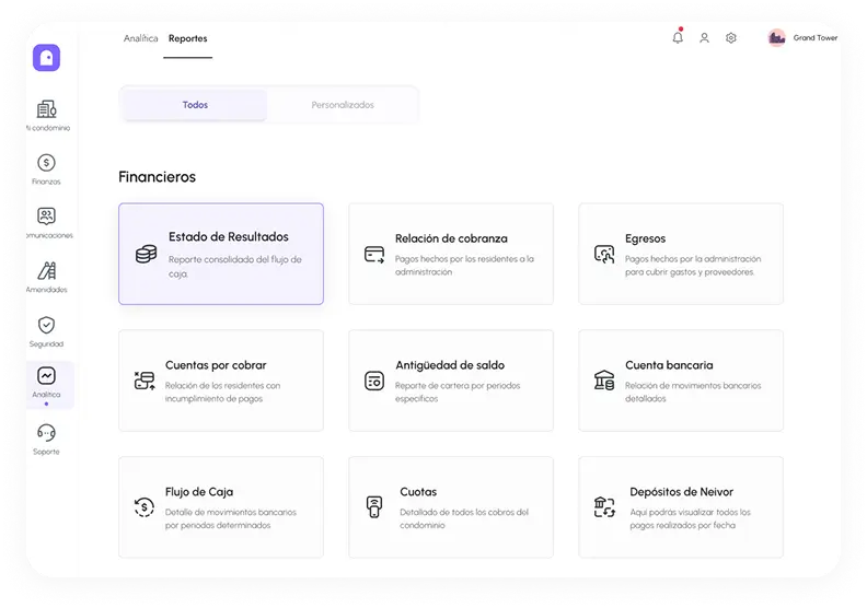 Panel de 'Reportes Financieros' dentro de la plataforma Analítica. Se muestran doce opciones de reportes organizados en una cuadrícula: 'Estado de Resultados' (reporte consolidado del flujo de caja), 'Relación de cobranza' (pagos hechos por los residentes a la administración), 'Egresos' (pagos hechos por la administración para cubrir gastos y proveedores), 'Cuentas por cobrar' (relación de los residentes con incumplimiento de pagos), 'Antigüedad de saldo' (reporte de cartera por periodos específicos), 'Cuenta bancaria' (relación de movimientos bancarios detallados), 'Flujo de Caja' (detalle de movimientos bancarios por periodos determinados), 'Cuotas' (detallado de todos los cobros del condominio), y 'Depósitos de Neivor' (aquí podrás visualizar todos los pagos realizados por fecha).