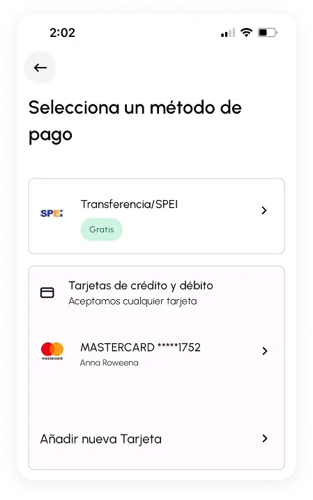 Seleccionar metodos de pago en app de Neivor