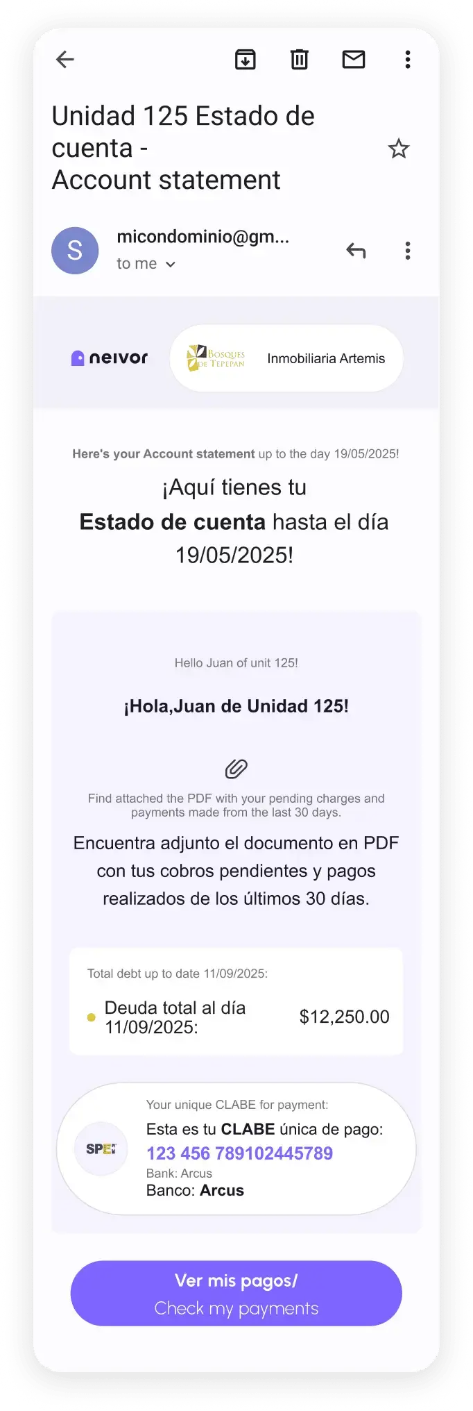 Correo electrónico de estado de cuenta enviado por 'micondominio@gmail.com' con el asunto '{unidad} Estado de cuenta - Account statement'. Incluye los logotipos de Neivor e Inmobiliaria Artemis. Informa al residente de la unidad sobre su deuda total al día ({fecha}) de $12,250.00, con una CLABE única (123 456 789102445789) del banco Arcus. Hay un botón que dice 'Ver mis pagos / Check my payments'.
