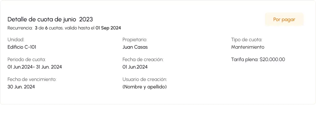 Vista del panel de cuota de mantenimiento de abril 2024 con valor inicial de $2,320.00 y total a pagar de $2,420.00. Incluye opción de notificar por email y descuentos por pago anticipado.