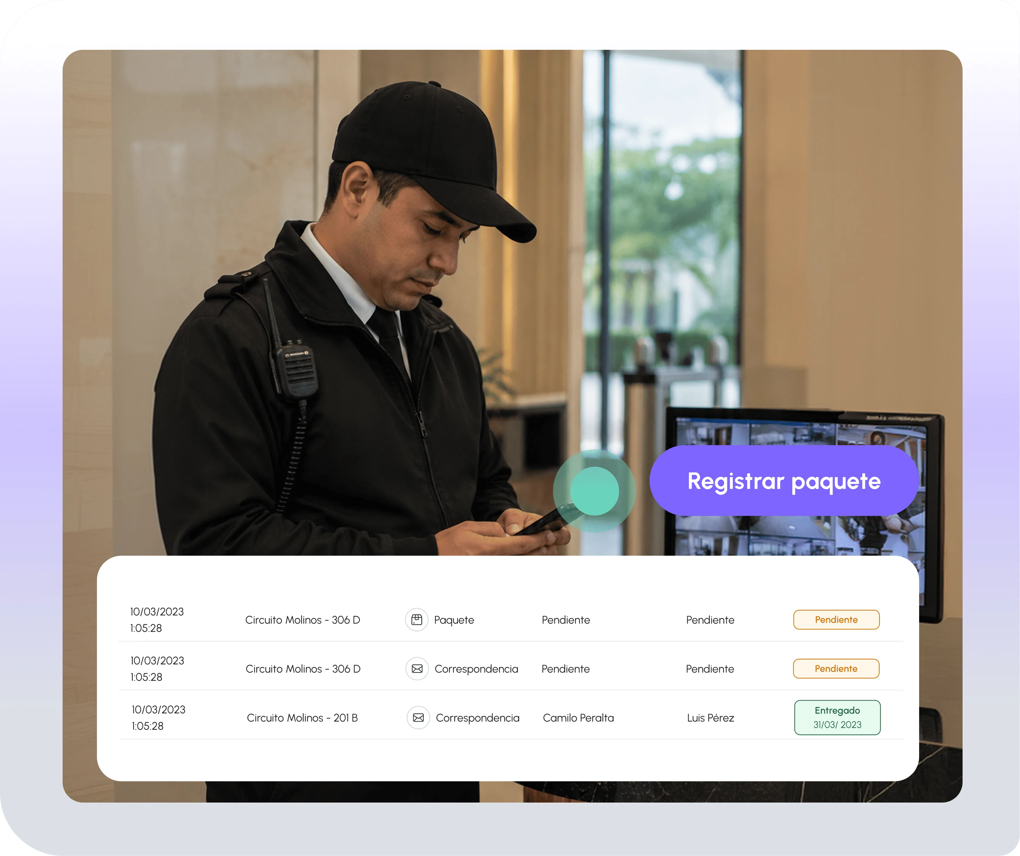 El guardia ve los paquetes pendientes de entrega y el registro completo