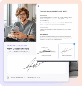 Su contrato completo, su CLABE para depositar y el proceso de firma — todo en un solo lugar desde el primer día.