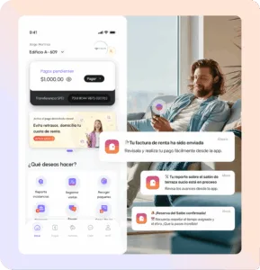 Todo lo que necesita del edificio en una sola app — reservas, comunicados, incidencias y calificación del servicio.